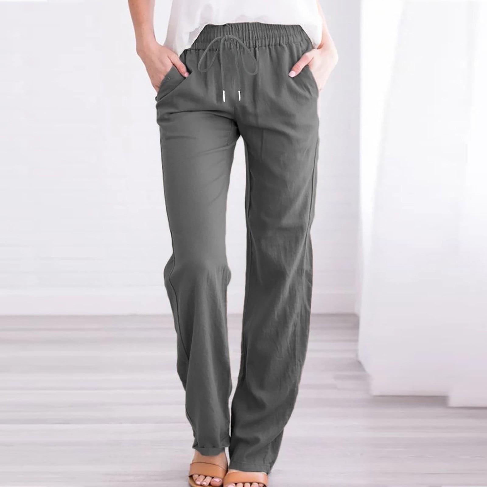 OSFVNOXV Work Pants for Women Plus Size Casual Linen High Waist Pants Drawstring Loose Fit Summer Pants Trousers with Side Button Pockets Mothers Day Gifts Bulk Clearance